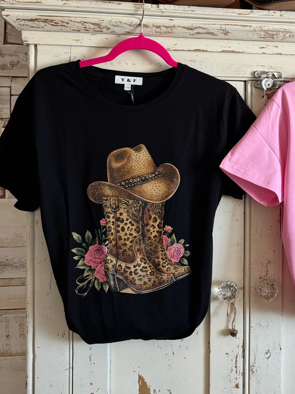 Black Graphic Cowgirl Tee with Leopard Boots